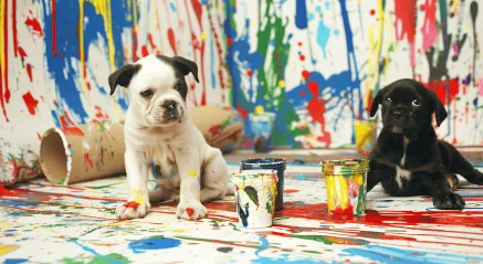 Small dogs doing art projects enrichment activity