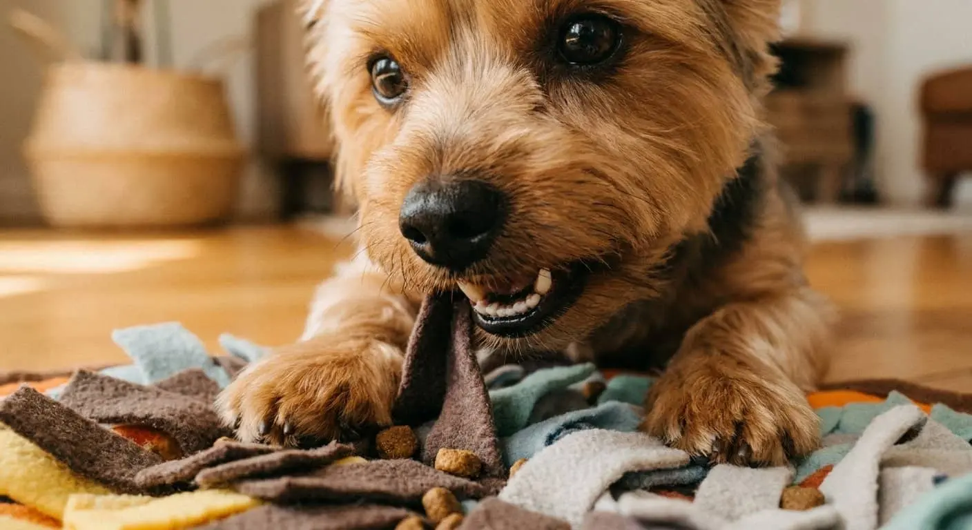 Close-up of a Yorkie's nose and front paws searching through a snuffle mat for small treats